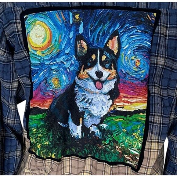 Corgi Dog Lover Plaid Flannel Shirt LARGE Oversized Van Gough Upcycle Unique - Picture 2 of 7